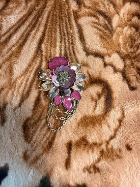 Floral Pink Crystal Statement Brooch with Gold Chains